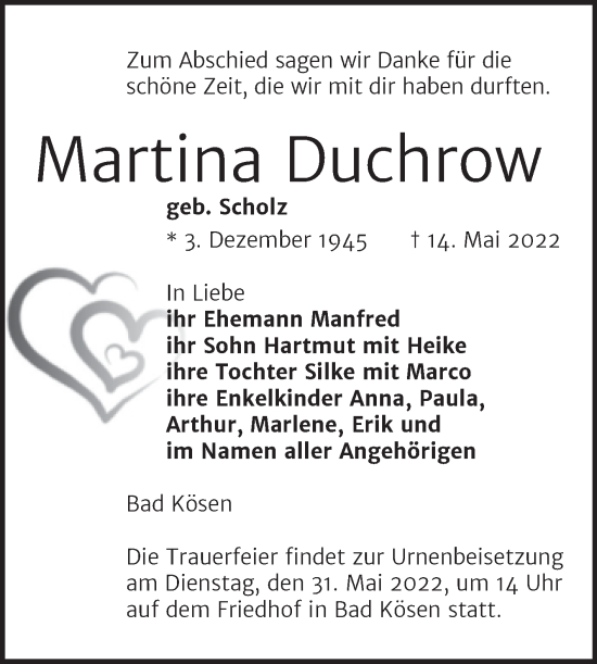 Traueranzeige von Martina Duchrow von Wochenspiegel Naumburg/Nebra