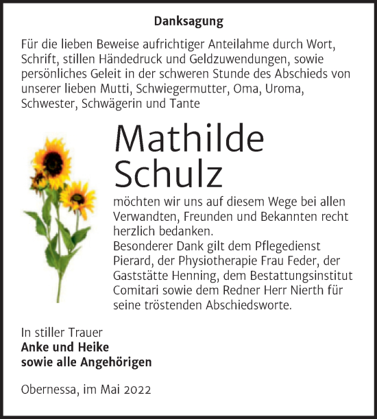 Traueranzeige von Mathilde Schulz von Trauerkombi Weißenfels