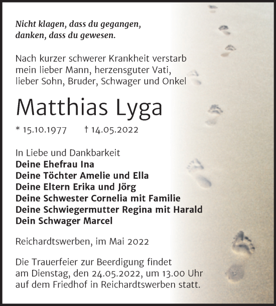 Traueranzeige von Matthias Lyga von Mitteldeutsche Zeitung Weißenfels
