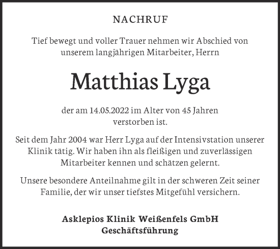 Traueranzeige von Matthias Lyga von Super Sonntag Weißenfels