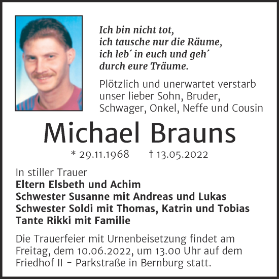 Traueranzeige von Michael Brauns von Trauerkombi Bernburg