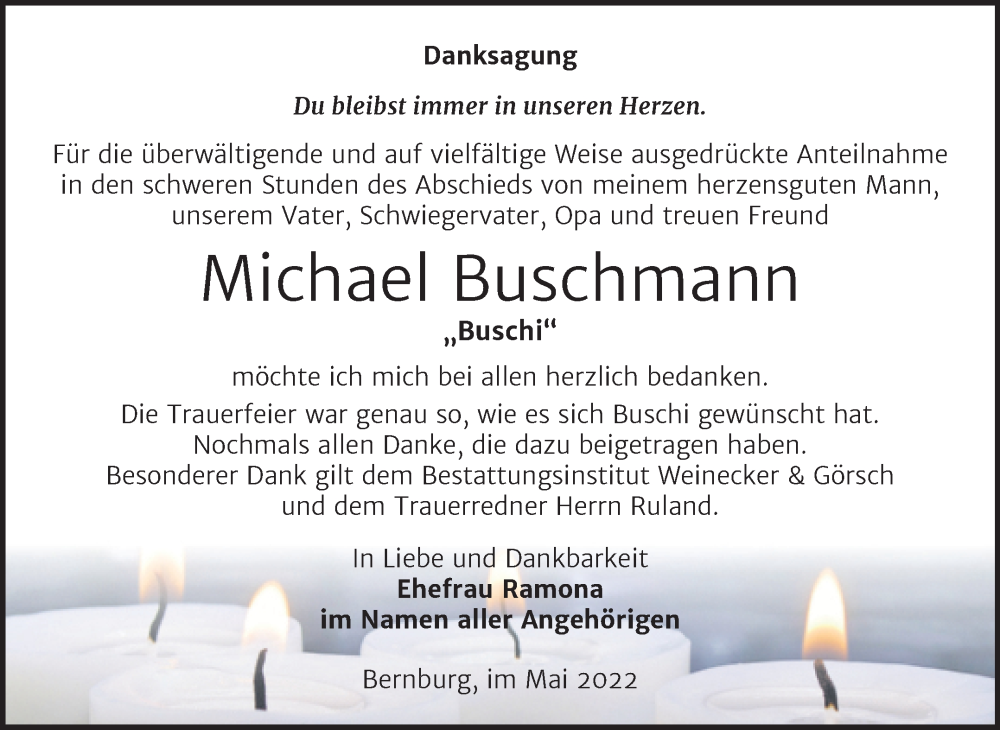  Traueranzeige für Michael Buschmann vom 21.05.2022 aus Trauerkombi Bernburg