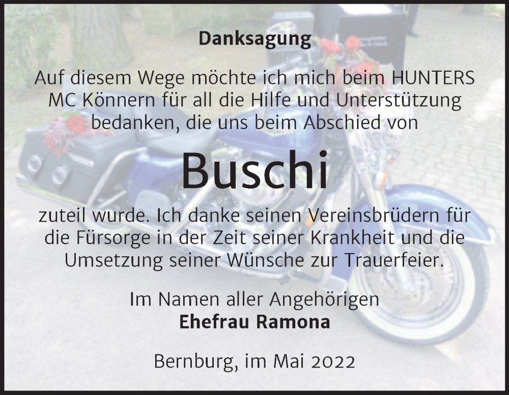  Traueranzeige für Michael Buschmann vom 21.05.2022 aus Trauerkombi Bernburg
