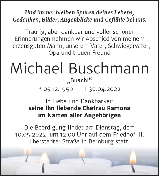 Traueranzeige von Michael Buschmann von Trauerkombi Bernburg