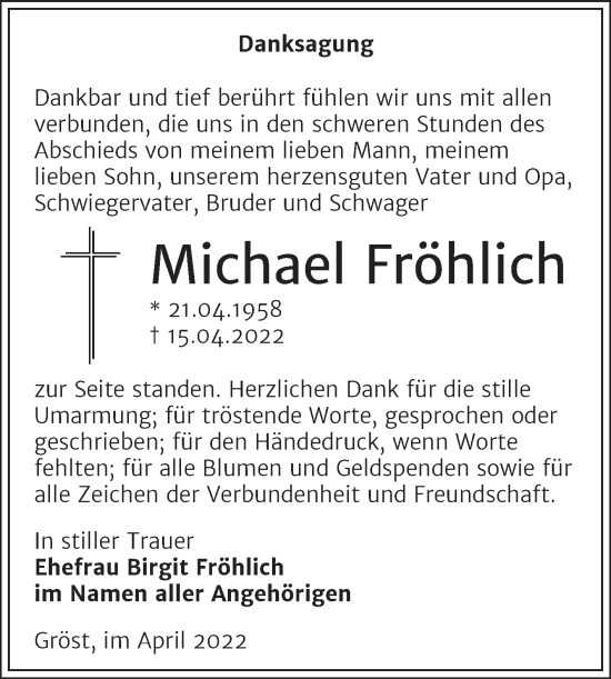 Traueranzeige von Michael Fröhlich von Trauerkombi Merseburg
