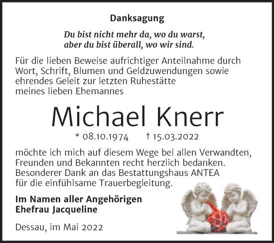 Traueranzeige von Michael Knerr von Trauerkombi Dessau