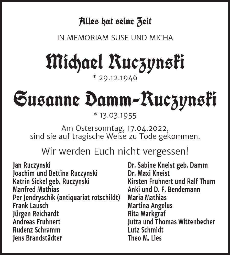  Traueranzeige für Michael und Susanne Ruczynski und Damm-Ruczynski vom 14.05.2022 aus Mitteldeutsche Zeitung Halle/Saalkreis