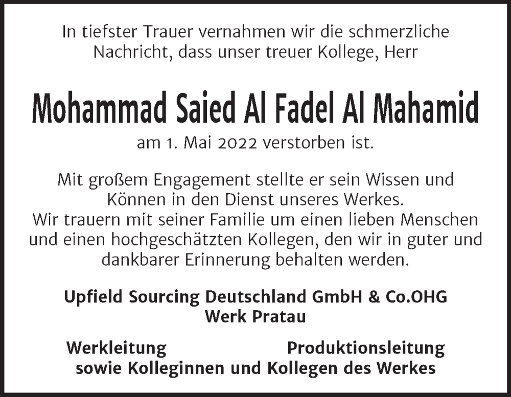  Traueranzeige für Mohammad Saied  Al Fadel Al Mahamid vom 14.05.2022 aus Super Sonntag Wittenberg