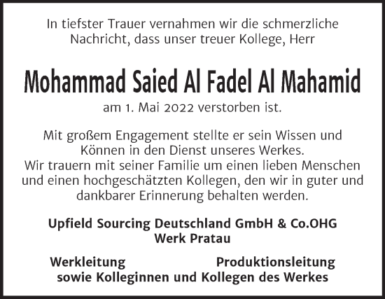 Traueranzeige von Mohammad Saied  Al Fadel Al Mahamid von Super Sonntag Wittenberg
