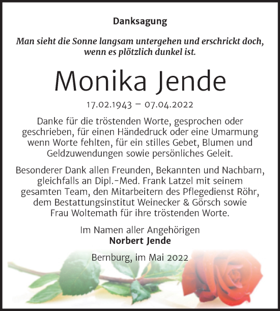 Traueranzeige von Monika Jende von Trauerkombi Bernburg