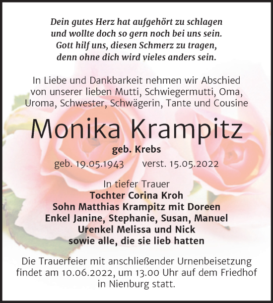 Traueranzeige von Monika Krampitz von Trauerkombi Bernburg