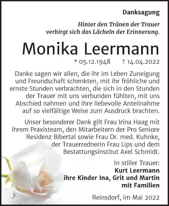 Traueranzeige von Monika Leermann von Wochenspiegel Naumburg/Nebra