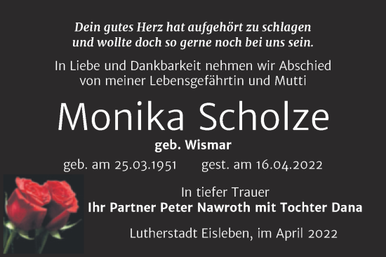 Traueranzeige von Monika Scholze von Trauerkombi Mansfelder Land