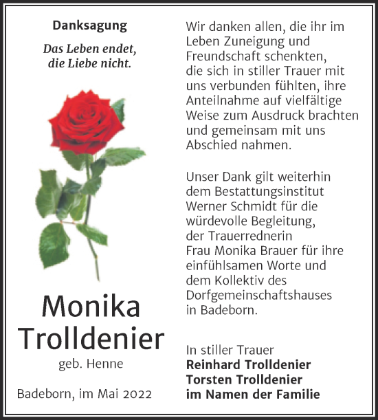 Traueranzeige von Monika Trolldenier von Trauerkombi Quedlinburg