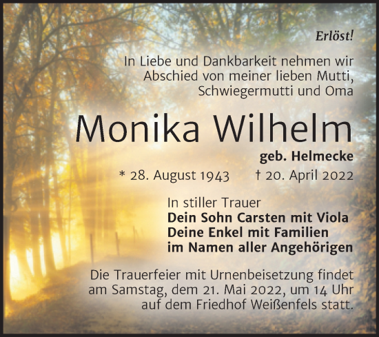 Traueranzeige von Monika Wilhelm von Trauerkombi Weißenfels