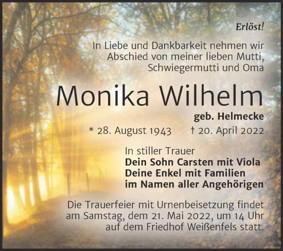Traueranzeige von Monika Wilhelm von Trauerkombi Zeitz