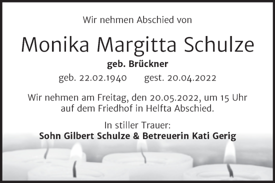 Traueranzeige von Monika Margitta Schulze von Trauerkombi Mansfelder Land