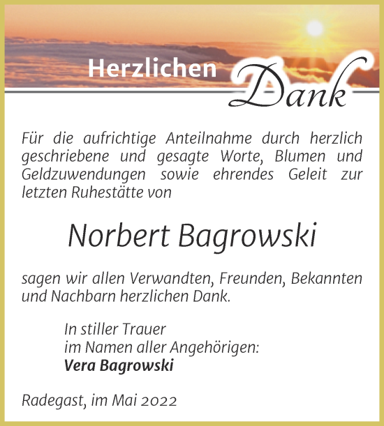 Traueranzeige von Norbert Bagrowski von Trauerkombi Köthen