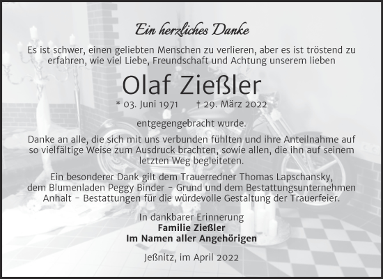 Traueranzeige von Olaf Zießler von Trauerkombi Bitterfeld