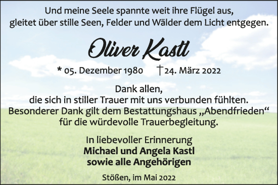 Traueranzeige von Oliver Kastl von Wochenspiegel Naumburg/Nebra