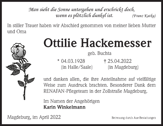Traueranzeige von Ottilie Hackemesser von Mitteldeutsche Zeitung Halle/Saalkreis