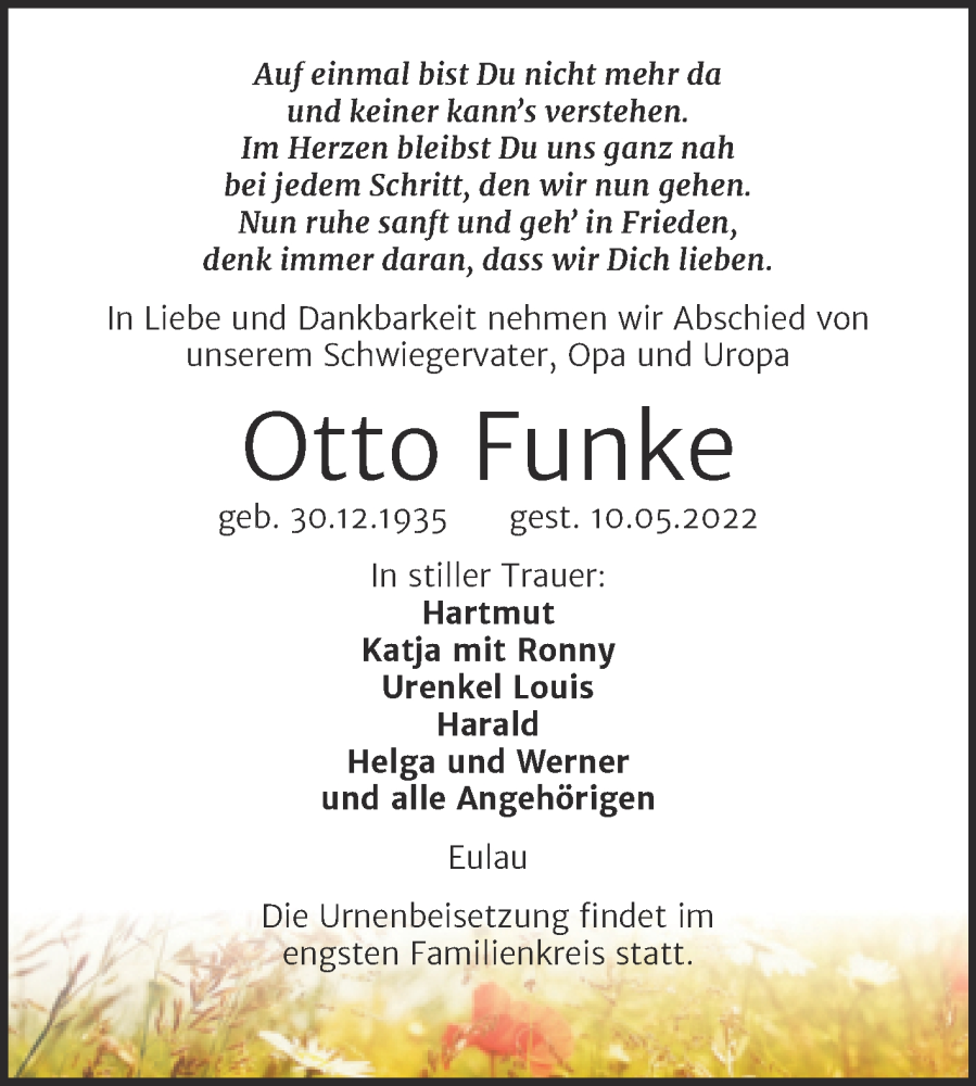  Traueranzeige für Otto Funke vom 18.05.2022 aus Wochenspiegel Naumburg/Nebra