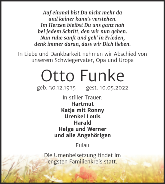 Traueranzeige von Otto Funke von Wochenspiegel Naumburg/Nebra