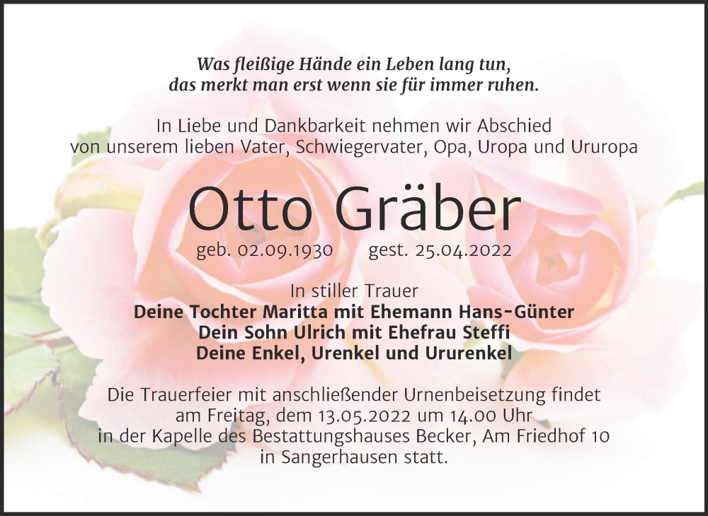  Traueranzeige für Otto Gräber vom 07.05.2022 aus Trauerkombi Sangerhausen