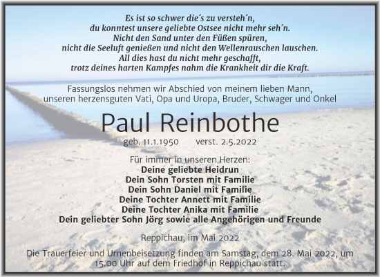 Traueranzeige von Paul Reinbothe von Trauerkombi Köthen