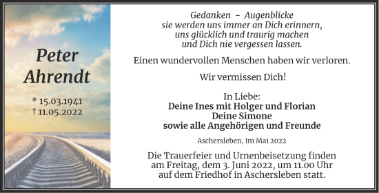 Traueranzeige von Peter Ahrendt von Trauerkombi Aschersleben