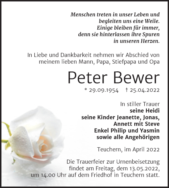 Traueranzeige von Peter Bewer von Trauerkombi Weißenfels