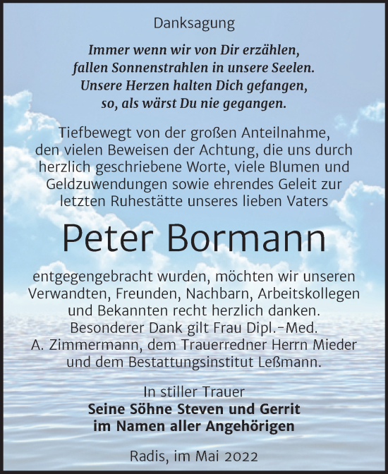 Traueranzeige von Peter Bormann von Trauerkombi Wittenberg
