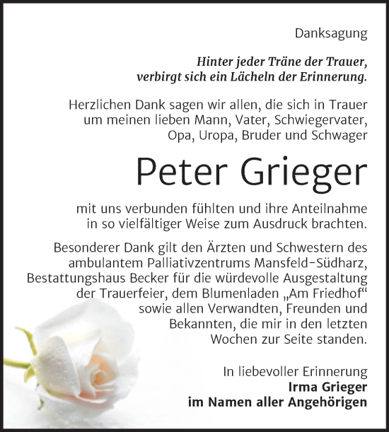 Traueranzeige von Peter Grieger von Trauerkombi Sangerhausen