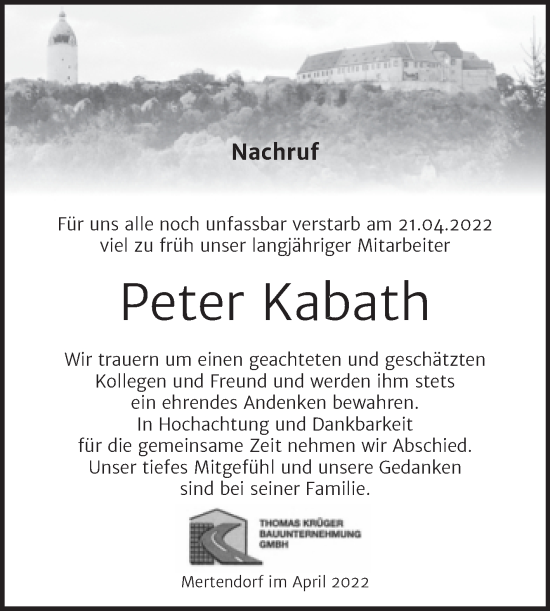 Traueranzeige von Peter Kabath von Super Sonntag Naumburg/Nebra