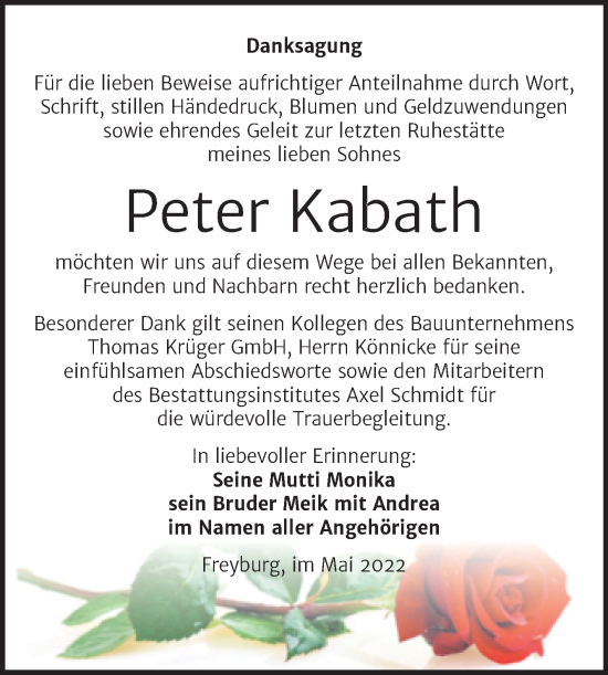 Traueranzeige von Peter Kabath von Wochenspiegel Naumburg/Nebra