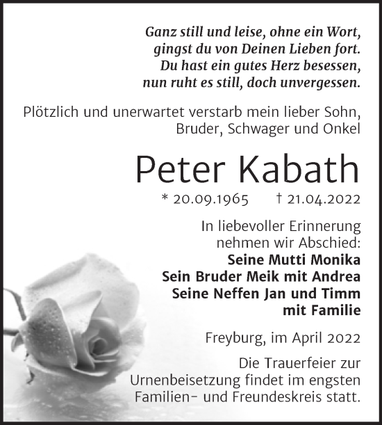 Traueranzeige von Peter Kabath von Wochenspiegel Naumburg/Nebra