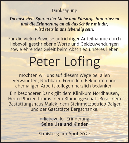 Traueranzeige von Peter Lofing von Trauerkombi Quedlinburg