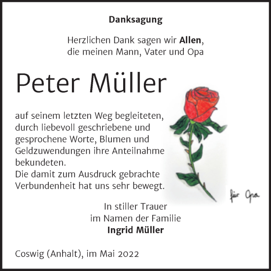 Traueranzeige von Peter Müller von Trauerkombi Wittenberg