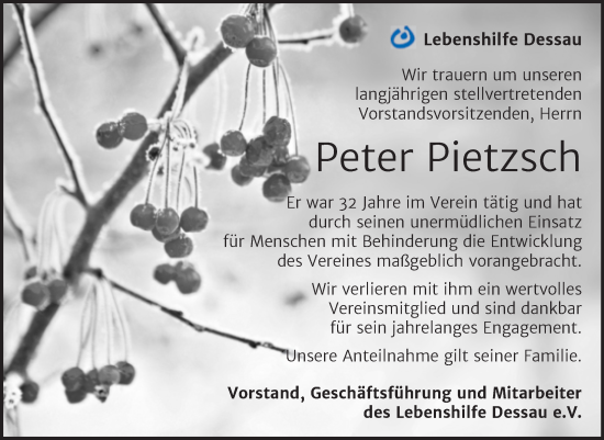 Traueranzeige von Peter Pietzsch von Super Sonntag Dessau-Roßlau