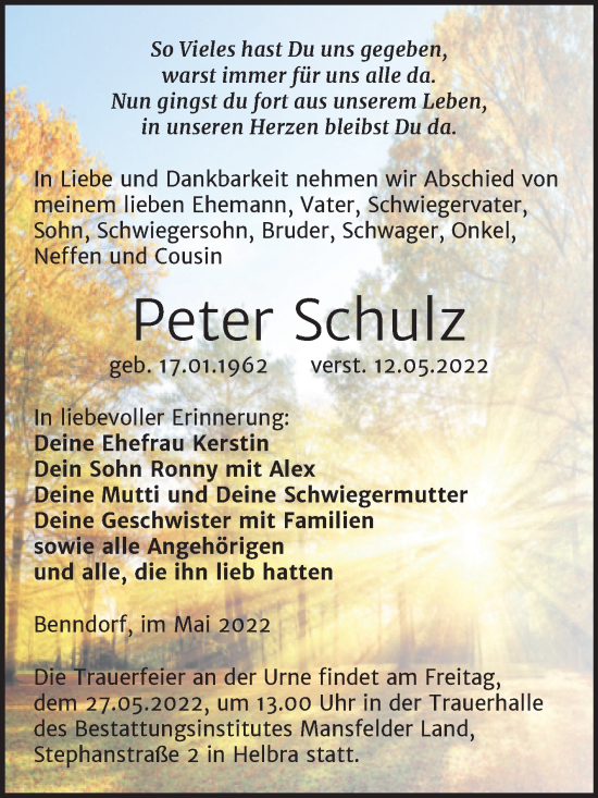Traueranzeige von Peter Schulz von Trauerkombi Mansfelder Land