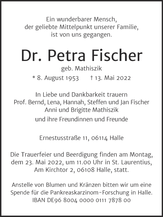 Traueranzeige von Petra Fischer von Mitteldeutsche Zeitung Halle/Saalkreis