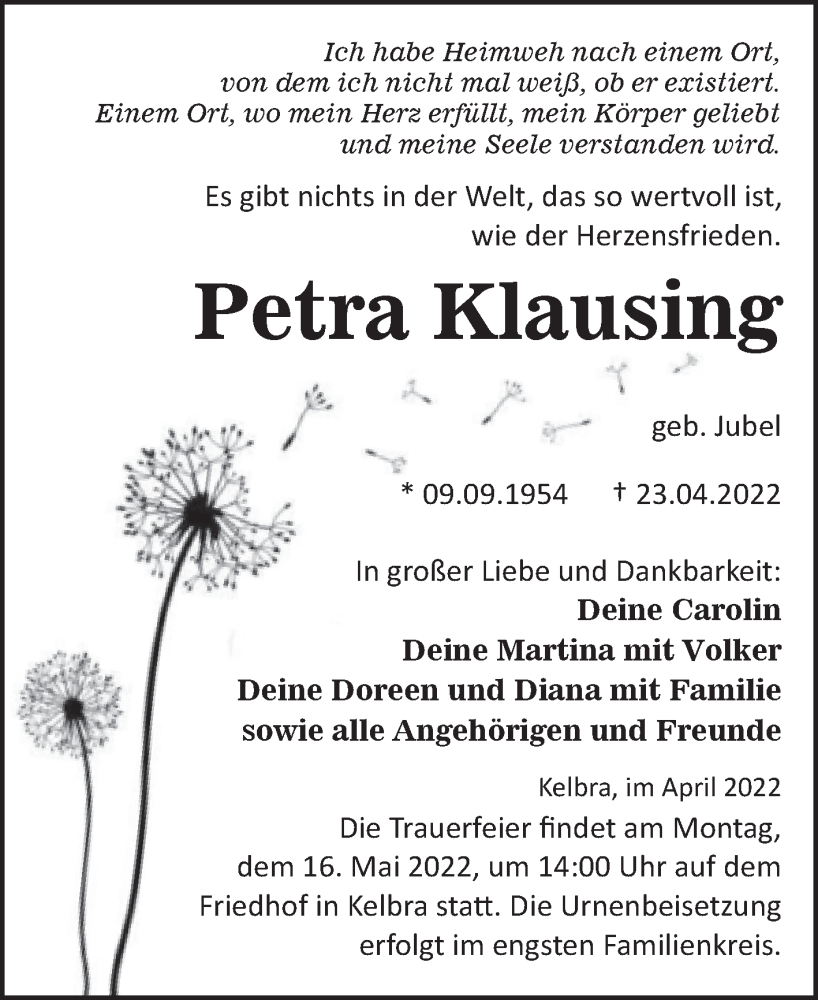  Traueranzeige für Petra Klausing vom 07.05.2022 aus Trauerkombi Sangerhausen