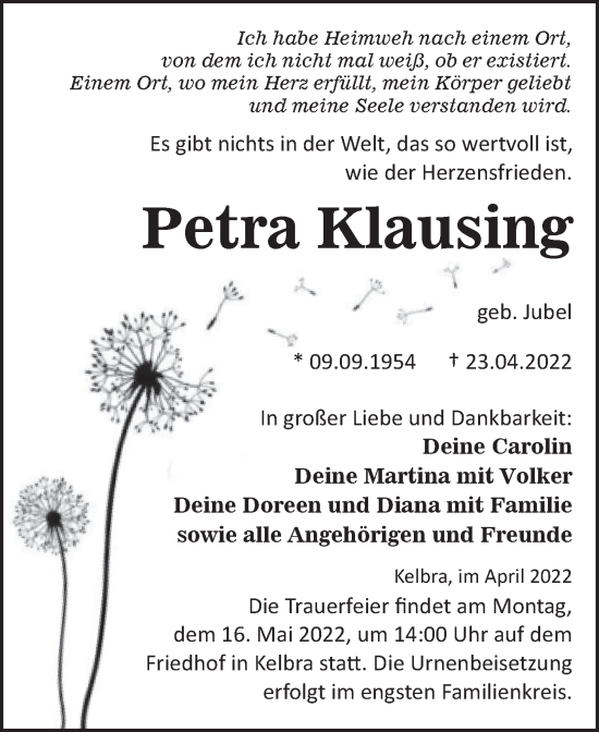 Traueranzeige von Petra Klausing von Trauerkombi Sangerhausen