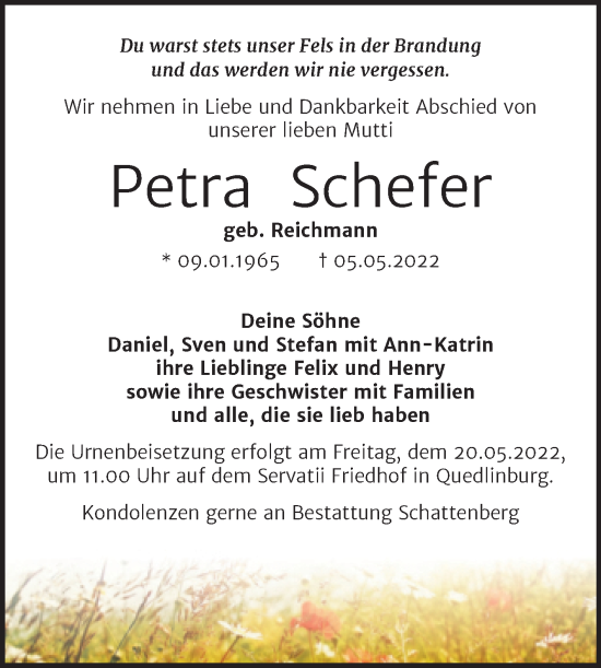 Traueranzeige von Petra Schefer von Trauerkombi Quedlinburg