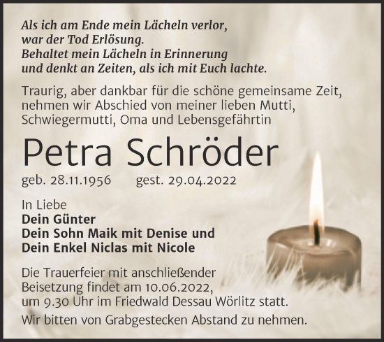 Traueranzeige von Petra Schröder von Trauerkombi Dessau