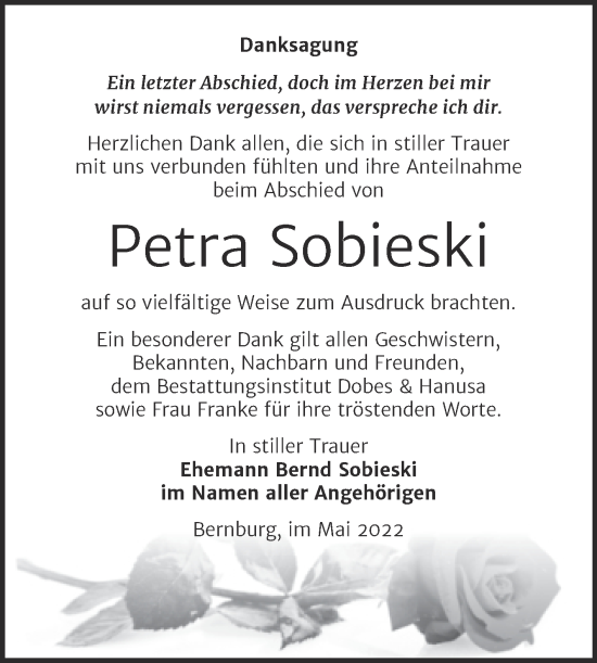 Traueranzeige von Petra Sobieski von Trauerkombi Bernburg