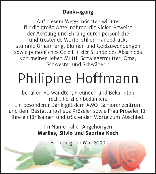 Traueranzeige von Philipine Hoffmann von Trauerkombi Bernburg