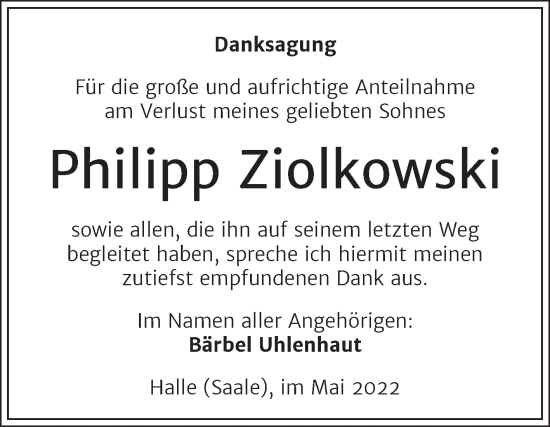 Traueranzeige von Philipp Ziolkowski von Mitteldeutsche Zeitung Halle/Saalkreis