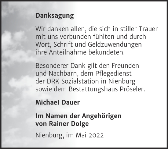 Traueranzeige von Rainer Dolge von Trauerkombi Bernburg