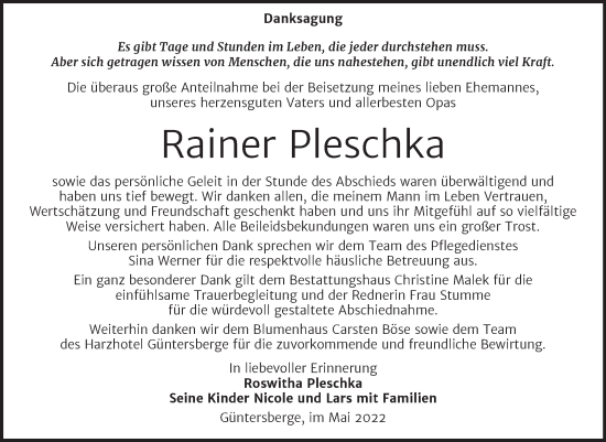 Traueranzeige von Rainer Pleschka von Trauerkombi Quedlinburg